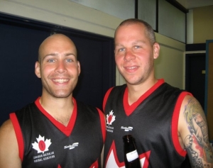 Hamilton Wildcat & Team Canada teammates Nick DiRago & Charles Thompson enjoy a victory drink (Canada defeated USA, Vancouver, BC; August '08)