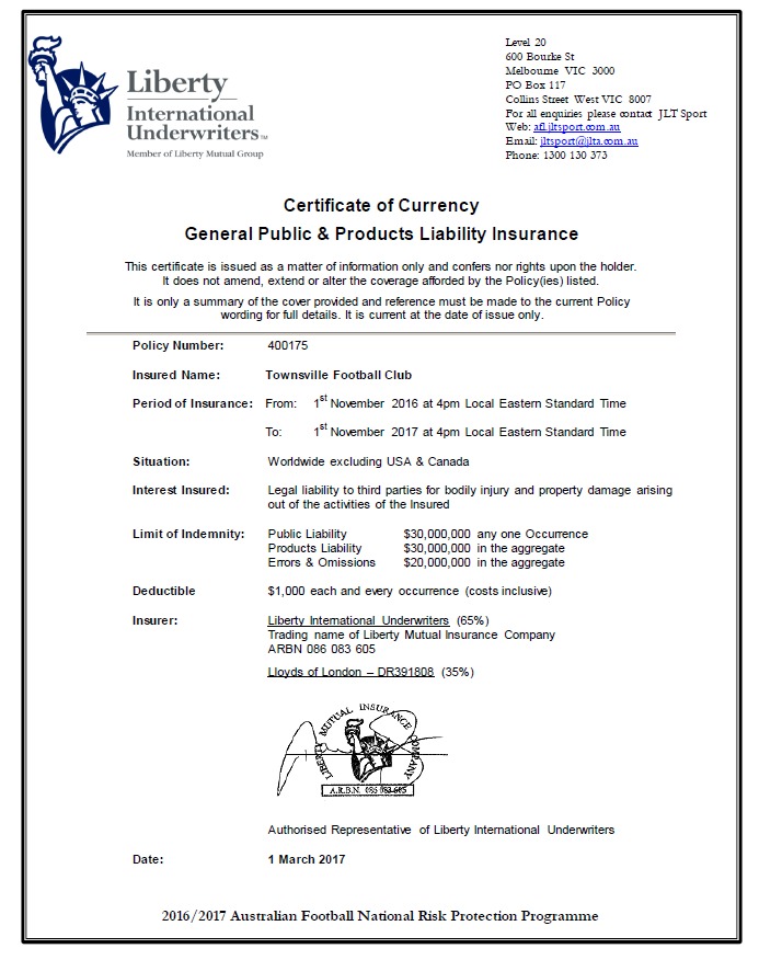 Certificate Of Currency 2017 Townsville AFL Masters SportsTG